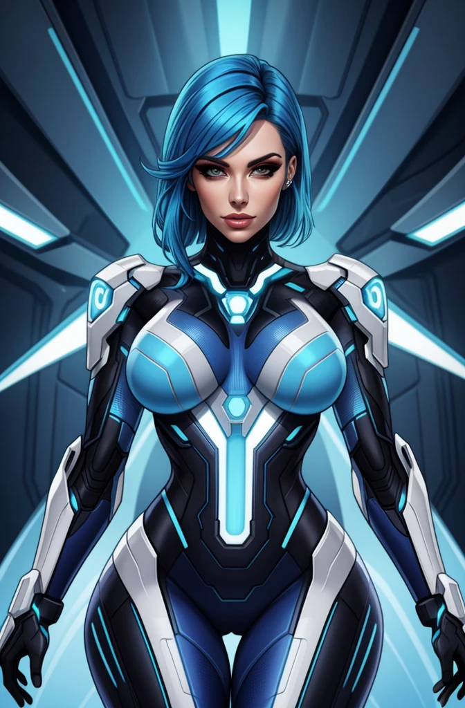 A woman in a futuristic suit with blue hair and a glowing face
