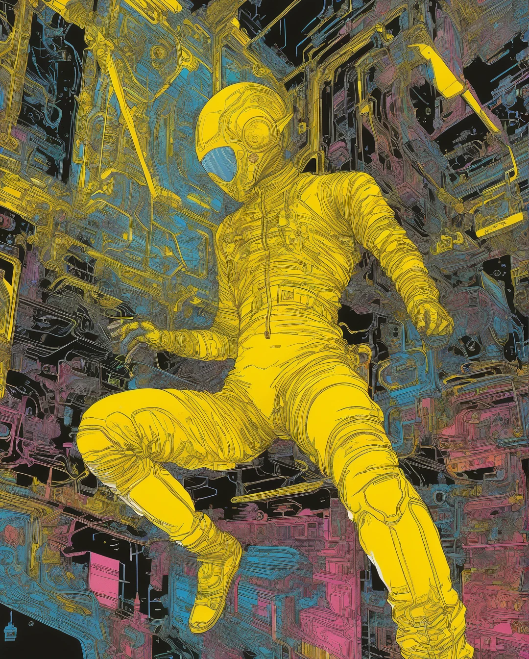 In a neon-lit cyberpunk space setting, a figure emerges clad in a sleek yellow jumpsuit, designed with a distinct art style reminiscent of Yoshiaki Kawajiri. The scene is portrayed in a vivid and elaborate digital painting, showcasing sharp edges and dynamic colors. The jumpsuit gleams with metallic sheen, accentuating the mysterious allure of the character. Every detail, from the sleek contours to the intricate patterns, contributes to the image's captivating and high-quality execution, drawing viewers into a futuristic world of intrigue and sophistication., ((by Philippe Druillet)) 