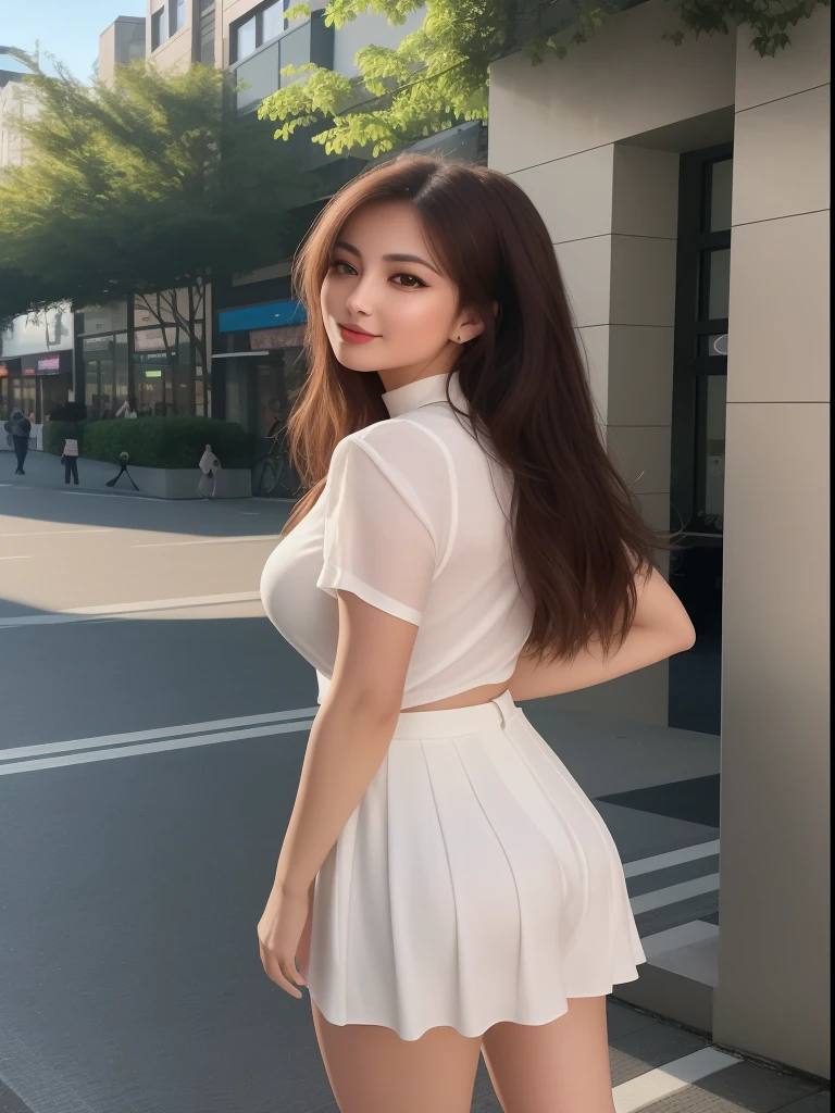 A woman strolling in a shopping mall's pedestrian street, with the woman centered in the frame. The image is captured with a large aperture, ensuring that both her face and legs are in focus. The photo is taken in natural sunlight, with soft shadows and vibrant colors. Shot using a Canon EOS 5D Mark IV, the image features side lighting, with sunlight filtering through the leaves. The woman's facial makeup is clearly visible, as are the details of the brown pleated skirt. Her breasts are full and round, adding a touch of sensuality to the image. She is kissing a man