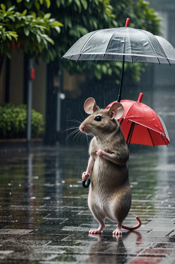 Mouse using umbrella in rain