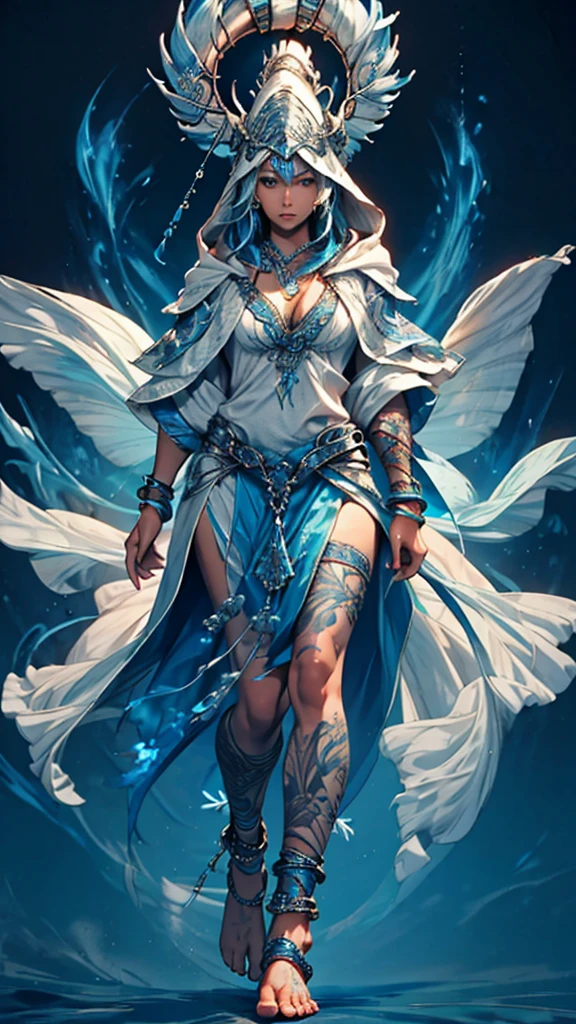 Beautiful girl with long gray hair and blue skin,headgear,Bracelet,anklet,six arms,White top,cleavage,Tattoo,Hood cloth,Bare Legs,barefoot,Standing,blue flame