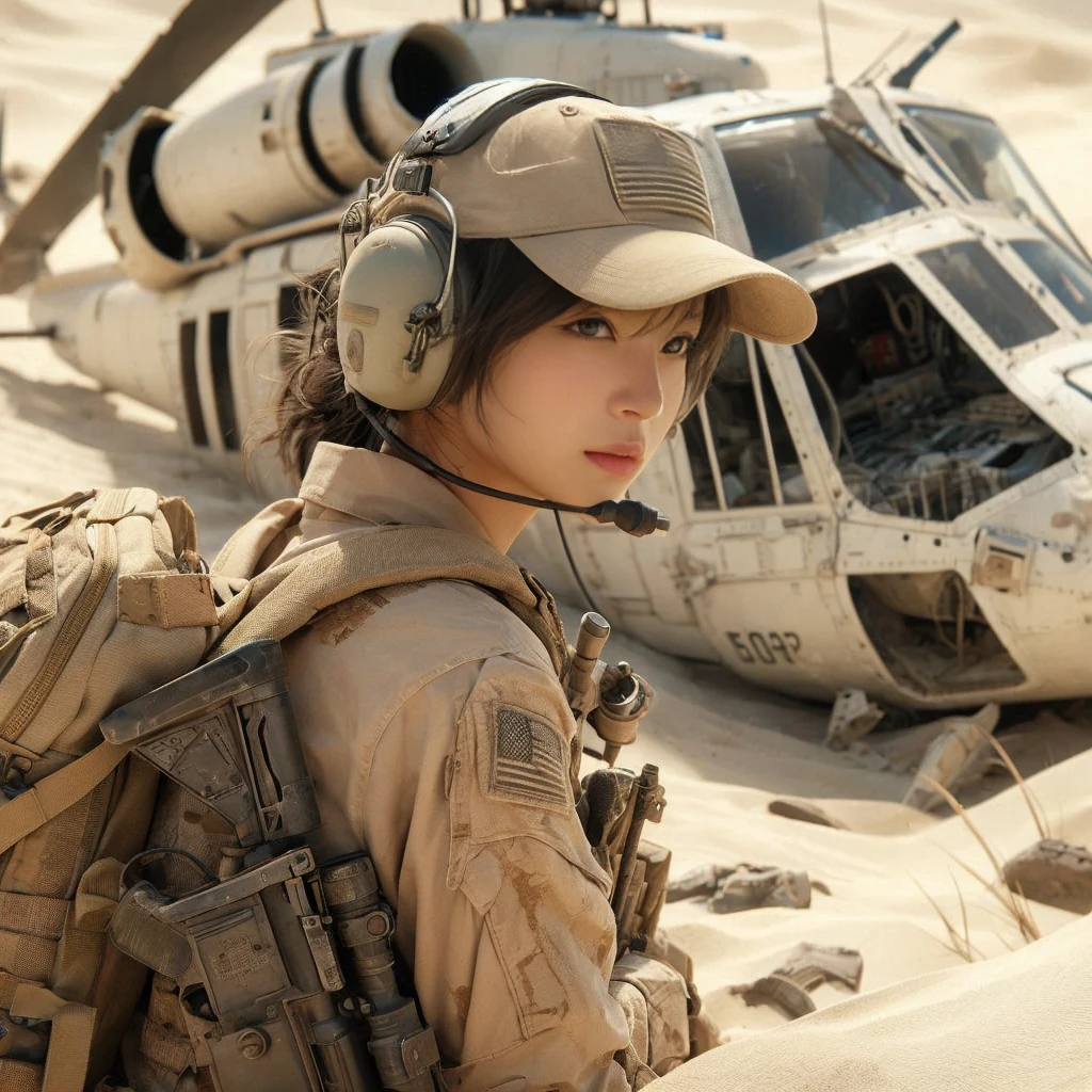 8K,Realistic Photo、Realistic Skin Texture、Superrealism、Japanese women serving in the U.S. military、Standing on a desert dune、Accurate equipment depiction、cap、They found the wrecked helicopter half buried in the sand.、Scattered debris