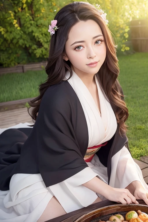 (Highest quality,4K,8K,High resolution,masterpiece:1.2),Super detailed,(Realistic,photoRealistic,photo-Realistic:1.37),Detailed eyes and face,Beautiful attention to detail,Beautiful lip detail,Long eyelashes,One girl,Half body pose(Kamado Nezuko),Cute and adorable,Garden Background,Soft lighting,Vibrant colors,Anime Style, (kimono:1.2), looking at viewer,