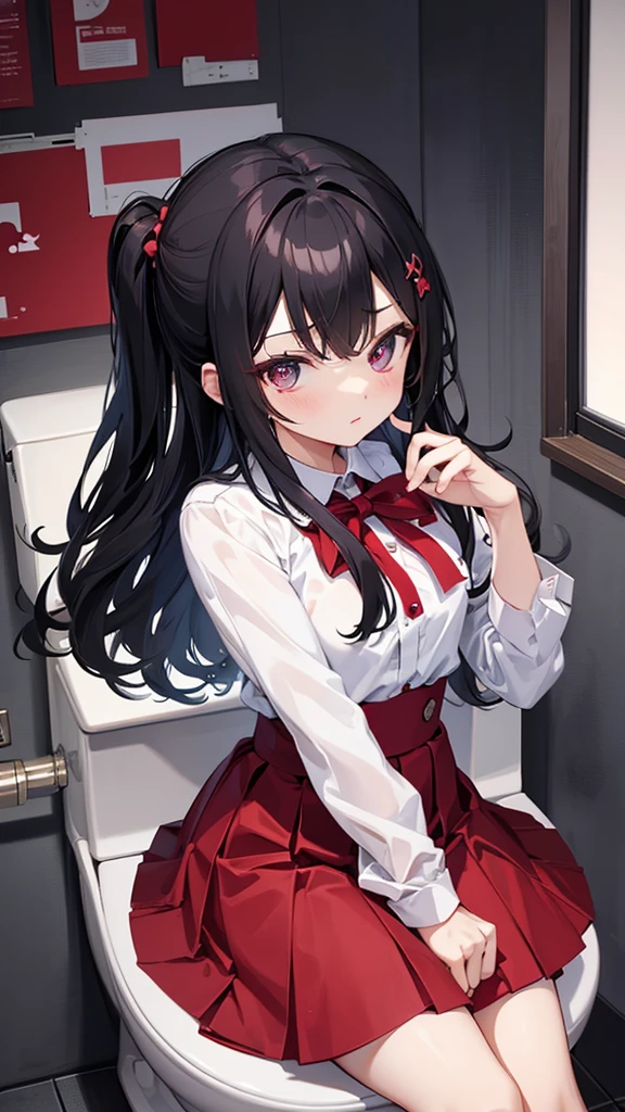 darkness、toilet、Ms. Hanako、Black Hair、Red Skirt、Young Girl、Dim lighting、White shirt