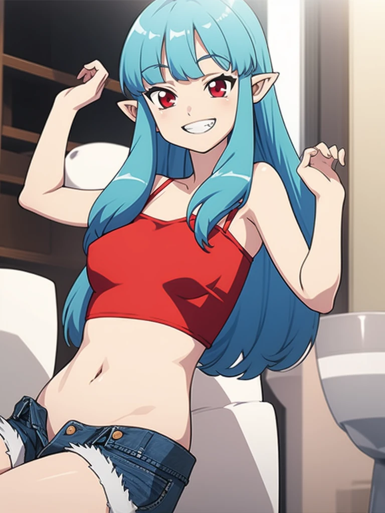 kiriha, red eyes, blue hair, long hair, blunt bangs, hair bobbles, pointy ears,camisole,denim shorts,grin