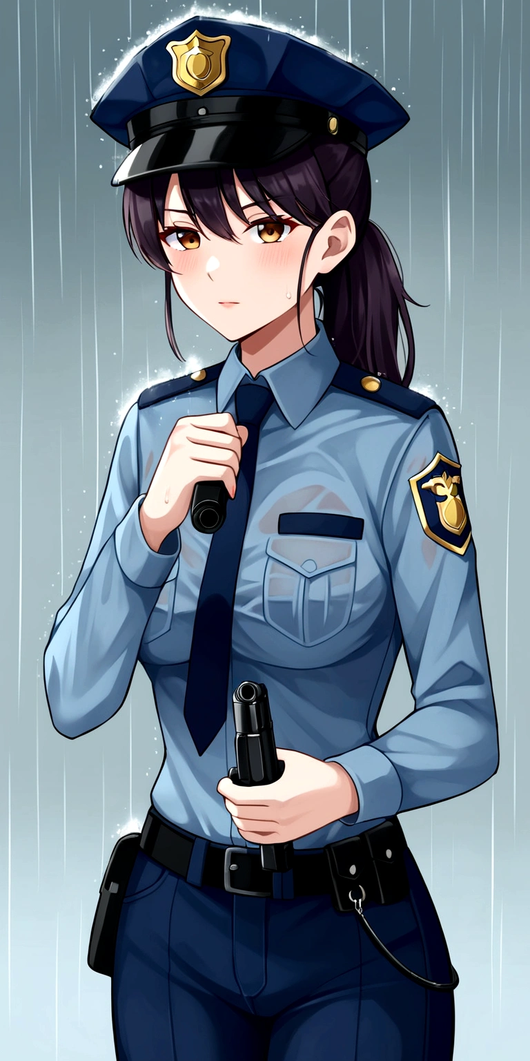Police officer in the favela holding a pistol in the rain