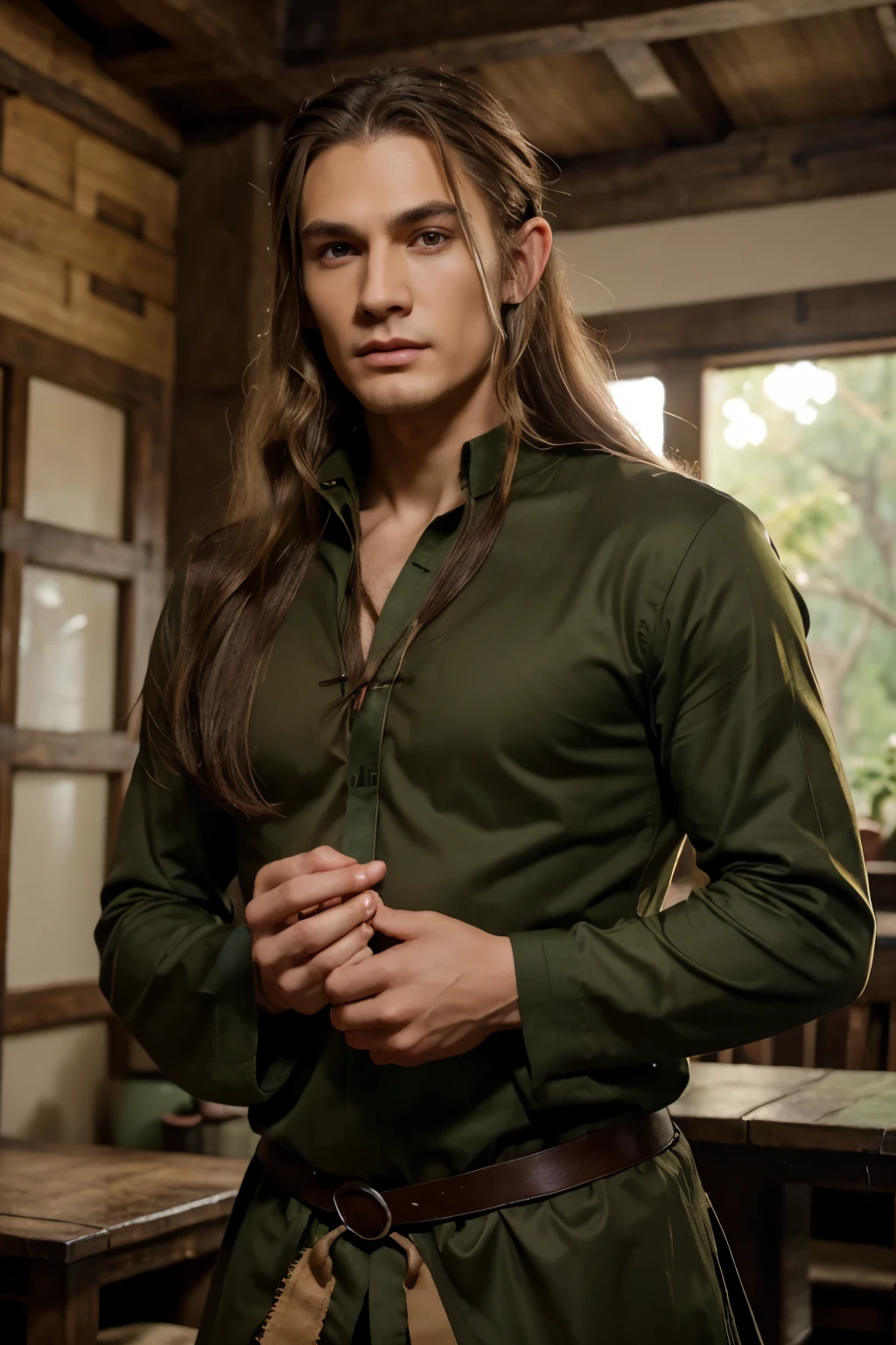 Legolas based male elf, half east asian half european, high cheek bones, olive skin, long dark brown hair with blonde hair streaks, dark brown eyes, masculine but soft, strong jaw, kind eyes, green shirt, 6ft tall, aged 25, small nose
