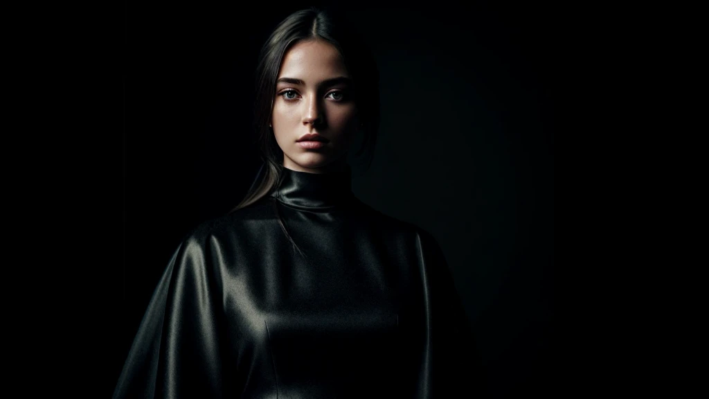stunning photorealistic of 1girl, high neck gown, dark theme, dark scene, dark atmosphere, masterpiece, high detail, best quality, raw photo, (photorealistic:1.4), (hdr:1.4)
