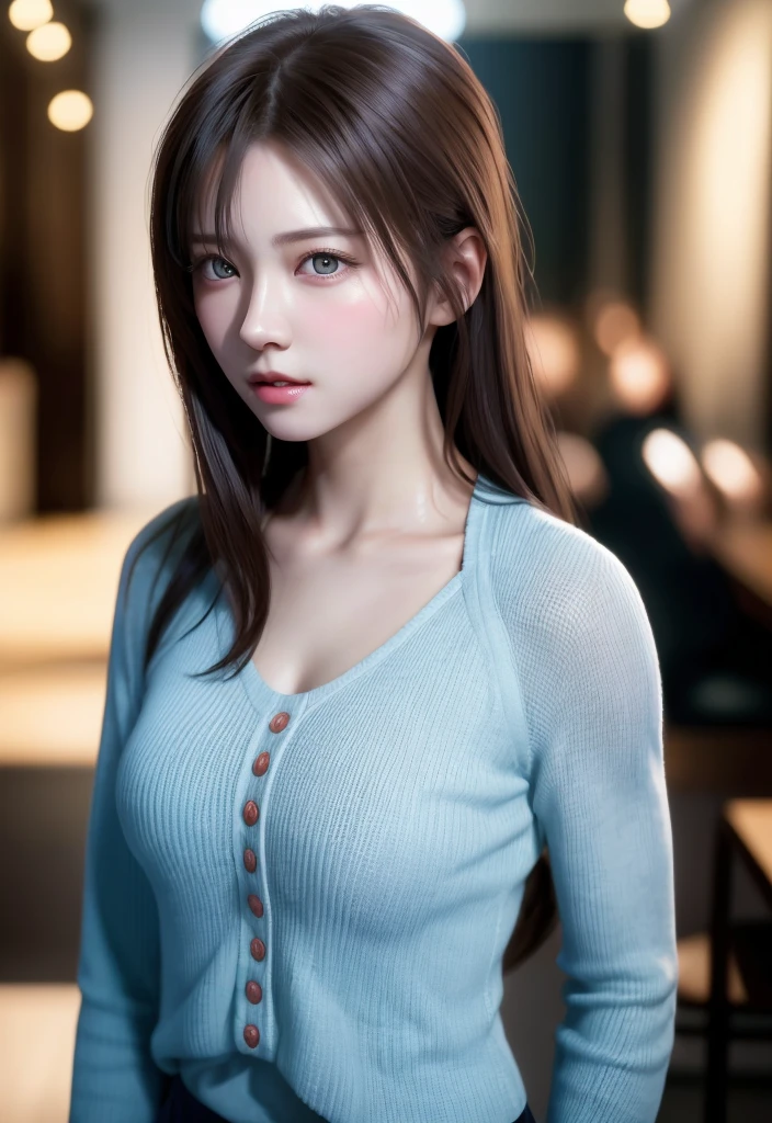 8K, highest quality, table top:1.2), (realistic, Virtual image:1.37), highest quality, table top, beautiful young woman, ashamed look, Tie your hair back., Kamimei、Busy mood, movie background, tired, Bright skin color
