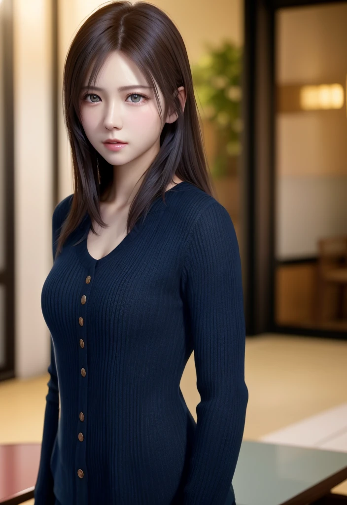 8K, highest quality, table top:1.2), (realistic, Virtual image:1.37), highest quality, table top, beautiful young woman, ashamed look, Tie your hair back., Kamimei、Busy mood, movie background, tired, Bright skin color