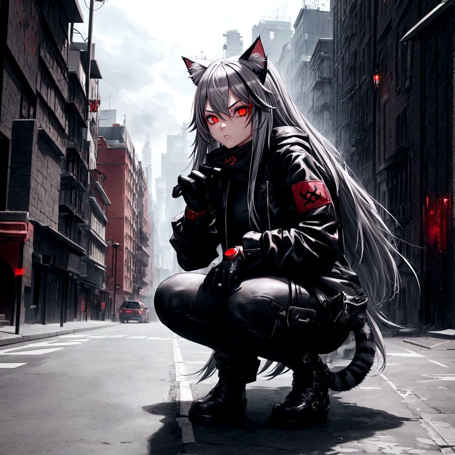 1 girl, cool, intimidation, long hair, gray hair, red eye, cat ear, black jacket, black gloves, city, town, squat, 2.5D, 3D, 8K