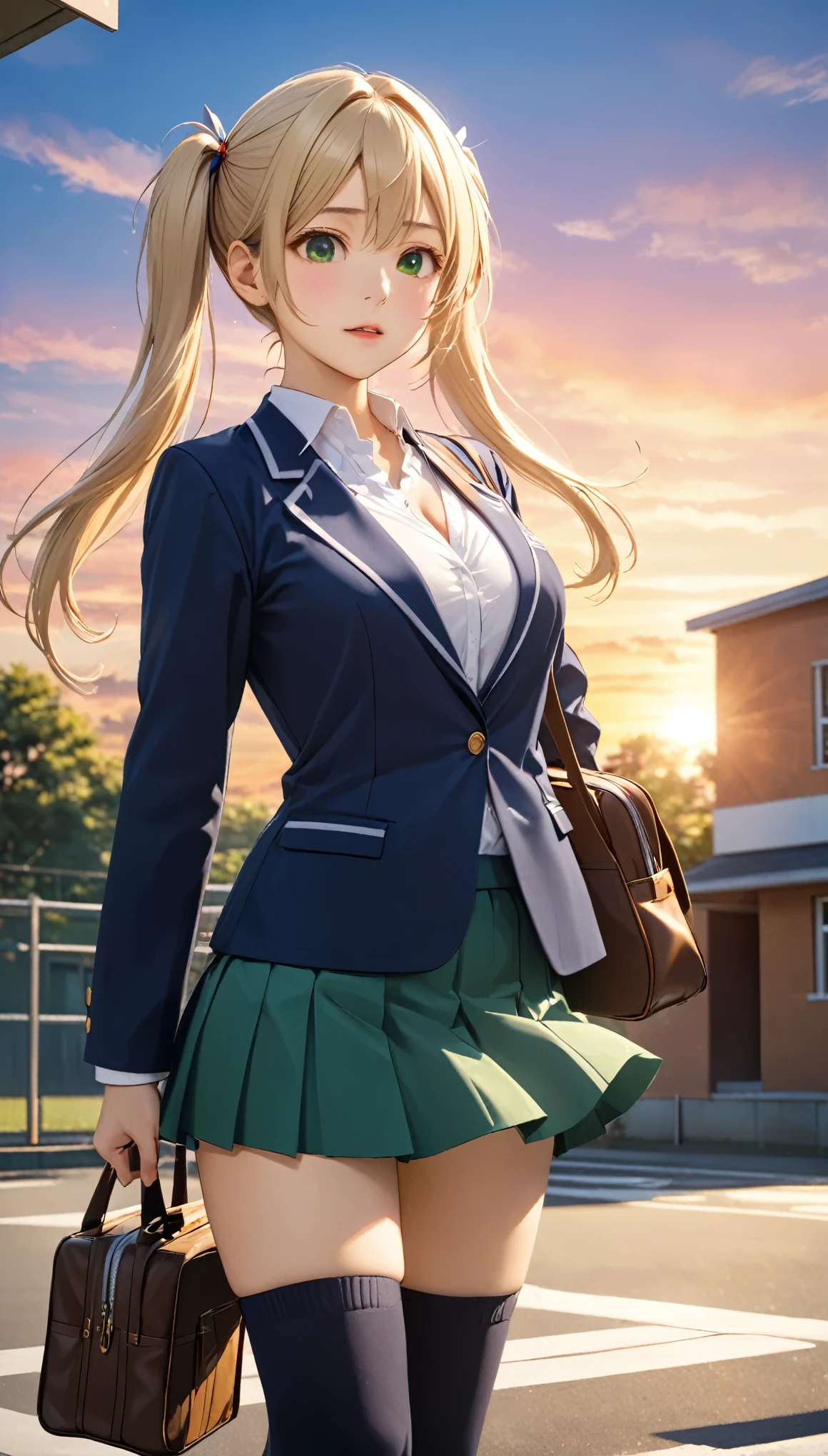 Highest quality, Highest quality, 16K, Unbelievably absurd, Very detailed, 2.5D, delicate and dynamic, School, Schoolyard, after school, sunset, Vivid sky, 小さなかすかな光と色Vivid sky気, School bag, , Very delicate facial expressions, Delicate eye depiction, Upper body close-up,, erotic, dynamic sexy poses, One sexy woman, Healthy body shape, 16-year-old female, student, Height: 170cm, firm bouncing busts, Deep cleavage, blonde long hair, twin tail, 複雑な構造のstudent服, Navy blue blazer, White shirt, Green skirt, knee high socks, Brown Loafers, Schoolyardに一人で立っている