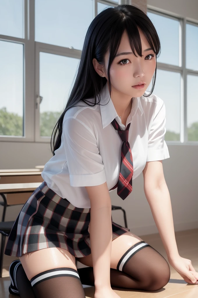 (masterpiece, best quality:1.2), a hyperrealistic , solo, 1girl, yukinoshita yukino, (shiny skin, wet skin:1.2), sweating, slight smile, looking at viewer, on all fours, , white shirt, plaid skirt, thighhighs, afternoon, classroom hyperrealistic