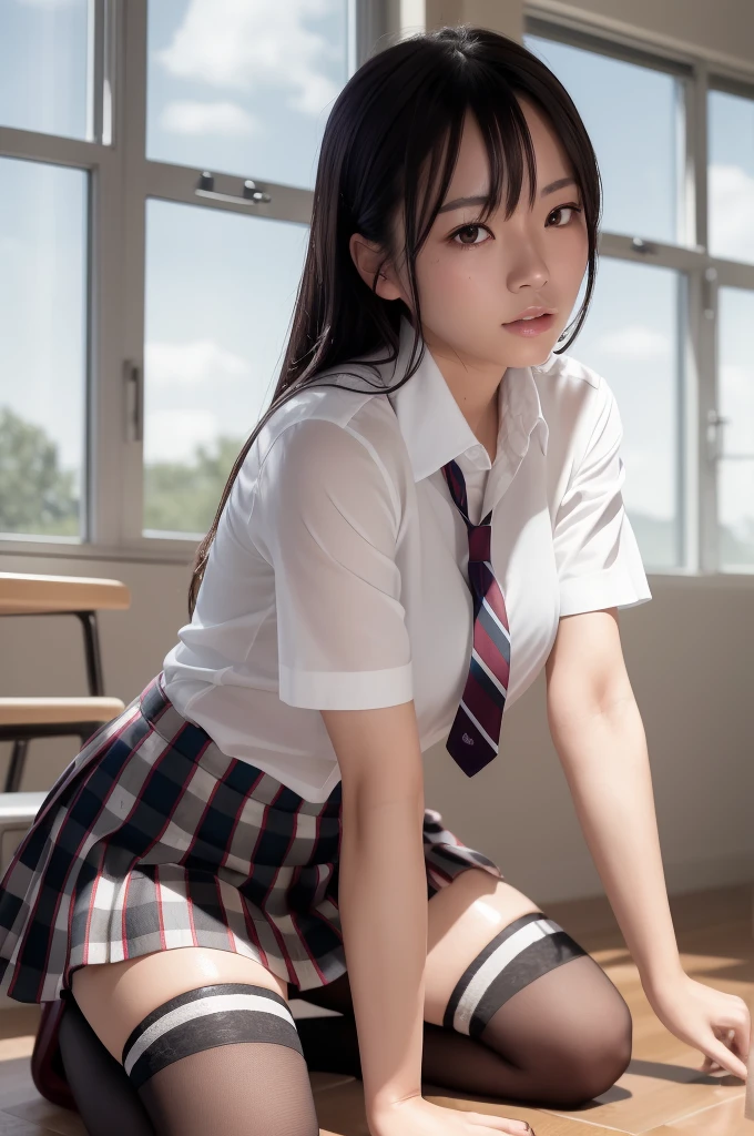 (masterpiece, best quality:1.2), a hyperrealistic , solo, 1girl, yukinoshita yukino, (shiny skin, wet skin:1.2), sweating, slight smile, looking at viewer, on all fours, , white shirt, plaid skirt, thighhighs, afternoon, classroom hyperrealistic