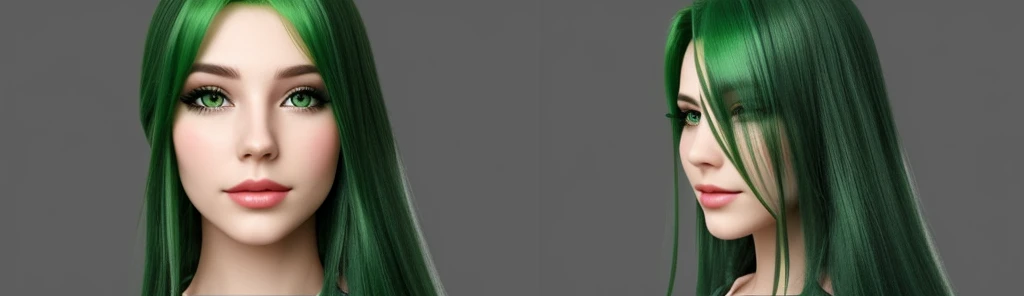 Generate me, an image of a green-haired Waifu model.   