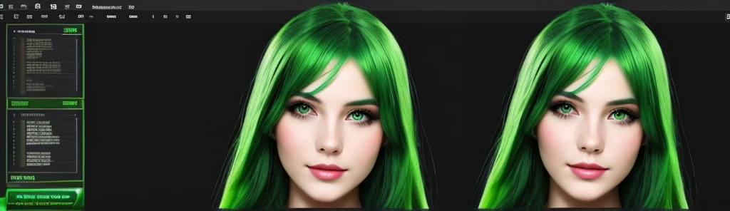 Generate me, an image of a green-haired Waifu model.