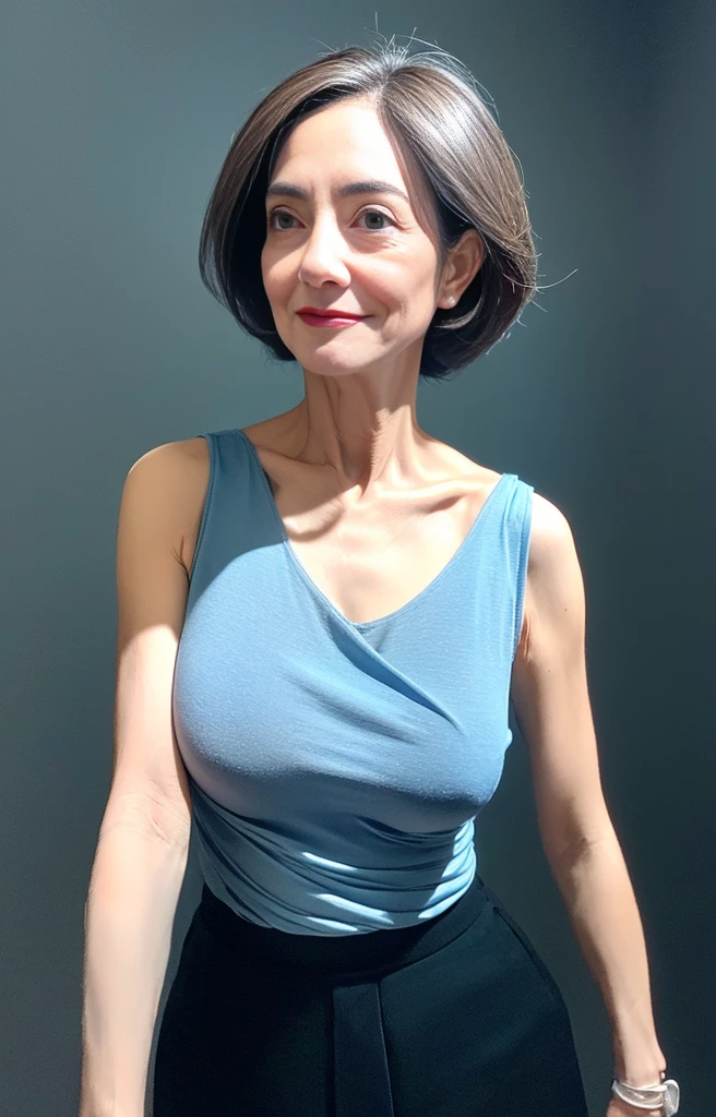 (Highest quality,8K,masterpiece), Rough skin,Wrinkles around the mouth and eyes、 Anatomically correct, sharp, Gray background((Japanese Mature, 50 years old)), alone, ((Facial wrinkles),Dark eyes and shapely breasts, Straight light brown hair that reaches the shoulders, Chubby body type (((Stand upright, Facing the center of the screen.))), Close your mouth and look straight ahead with a serious face..,,silver silk blouse,A slit skirt that accentuates the waist, Looking into the camera。Sexy Makeup、、smile、Beautiful clavicle、Pubic hair shape、The chest is hidden by clothes