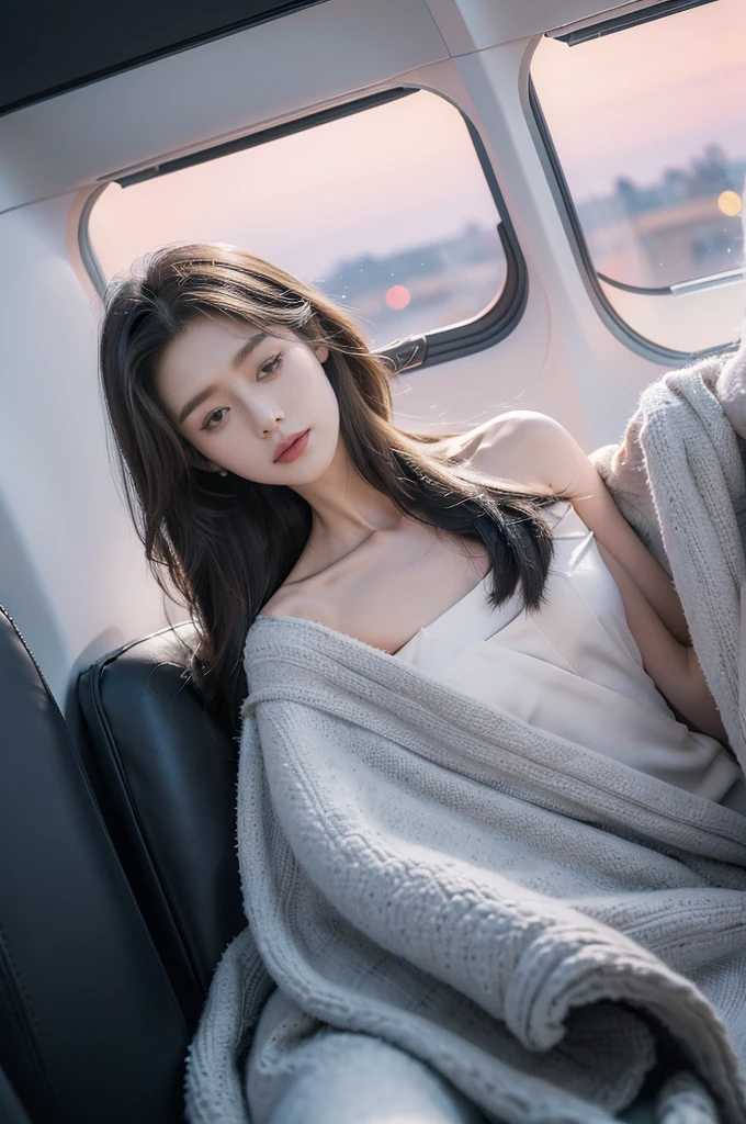 (((best quality))),(((ultra detailed))),(((masterpiece))),illustration,(a beautiful girl,female passenger,solo),((slim,thin,small breasts,flat chest)),(slender legs:1.2),summer night,((in airplane,economy class,indoor)),(blanket over shoulders:1.3),((dress)),(shoulder length straight bob hair:1.2),stars,moonlight,smooth flight,engine sound,lullaby,relaxed,excited,laughing,visiting family,comfortable seats,soft fabric,headrests,adjustable,beauty of night sky,thinking about family,friends,dimmed lights,sleeping passengers,movies,personal screens,staying awake,magic of sky,joy of being with family,memorable journey,adventures,(surrounded by crowded crowds:1.3),(Outside the window is high-altitude night view:1.2),((from front,upper body))