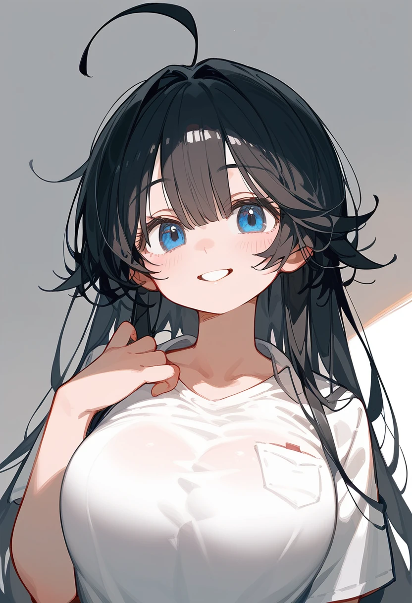 One Girl、Big Breasts、Black Hair、Long Hair、Straight Hair、Ahoge、high school student、smile、Dark blue eyes、Big eyes、shirt、Background School