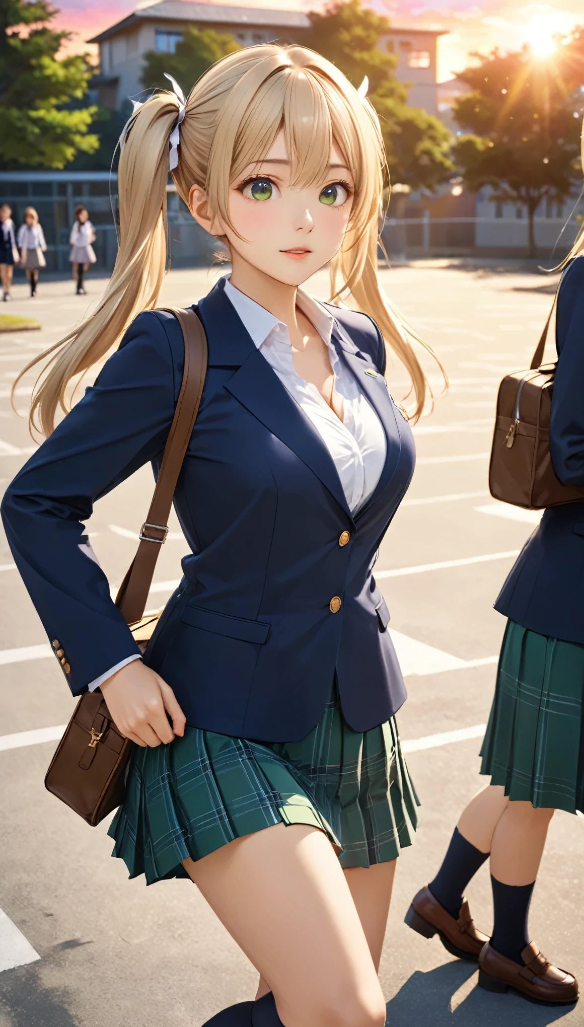 Highest quality, Highest quality, 16K, Unbelievably absurd, Very detailed, 2.5D, delicate and dynamic, School, Schoolyard, after school, sunset, Vivid sky, 小さなかすかな光と色Vivid sky気, School bag, , Very delicate facial expressions, Delicate eye depiction, Upper body close-up,, erotic, dynamic sexy poses, One sexy woman, Healthy body shape, -yeld fee, student, Height: 170cm, firm bouncing busts, Deep cleavage, blonde long hair, twin tail, 複雑な構造のstudent服, Navy blue blazer, White shirt, Green skirt, knee high socks, Brown Loafers, Schoolyardに一人で立っている