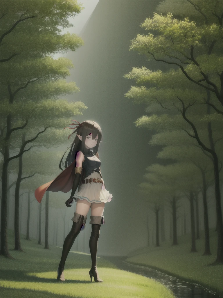 (masterpiece, best quality, highres, detailed:1.4), a beautiful picture of an elf girl standing in a forest, long hair, bangs, ribbon, pointy ears, hair ribbon, elf, gloves, blush,black hair, elbow gloves, 1girl, red ribbon, hair between eyes, green eyes, skirt, sleeveless, dress, bare shoulders, shirt, belt, sleeveless shirt, thigh boots,heels, brown skirt, black gloves, frills, brown footwear, pleated skirt, miniskirt, sidelocks, blue shirt, sleeveless dress, white dress, short dress, red cape, brown belt, buckle, red bow,thigh high boots,red boots, high heels, armlet
small breasts, zettai ryouiki, smile, standing, ambient lighting, (outdoors, sunlight, fantasy, forest)