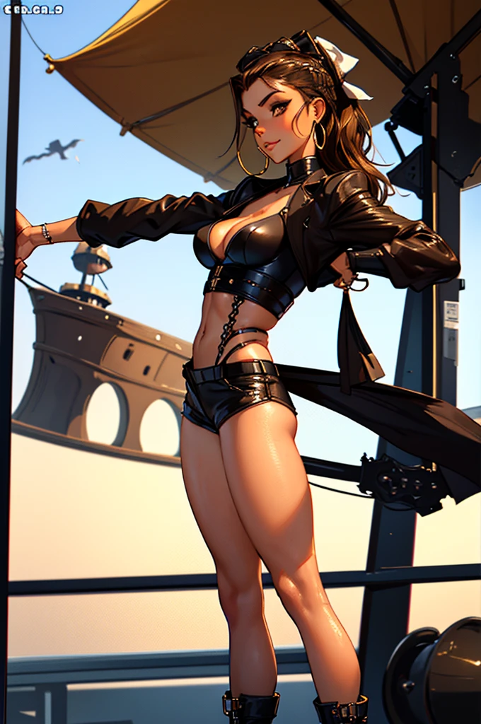 (masterpiece), best quality, expressive eyes, perfect face, (pirate ship background), (standing), (smirk), (closeup view), (1girl, vanessa alessia, dark skin, tanned skin, brown hair, wavy hairstyle, brown eyes, hourglass figure, thin body, skinny body, petite_body, medium breasts, thick thighs, long fingernails, brown plaid head wrap, white front lace blouse, long sleeve, loose fit, brown leather corset, brown leather shorts, brown boots, sheathed cutlass sword, flintlock pistol in holster, hoop earrings, miscellaneous jewelry),  big breasts, stripping, elegant makeup, exhibitionism, naked in public, , slim thighs, toned body, shiny skin, sexy pose, s, narrow hips, wearing high hip thong and see-through top, amber eyes