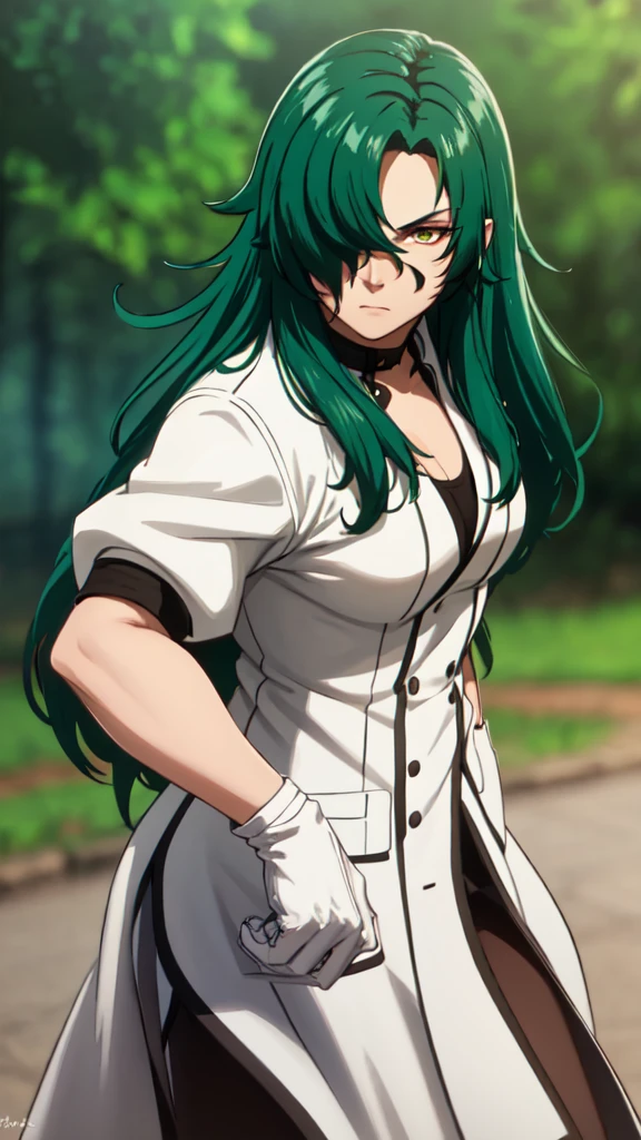 cleavage,photorealistic, (4k), depth of field, (Masterpiece), (realistic skin texture), extremely detailed, intricate, hyper detailed, professional photography, bokeh, high resolution, sharp detail, best quality, woman, long hair, green hair, yellow eyes, hair covering one eye, long coat, white coat, white gloves, dynamic pose, muscular female, (combat stance:1.5), upper body,