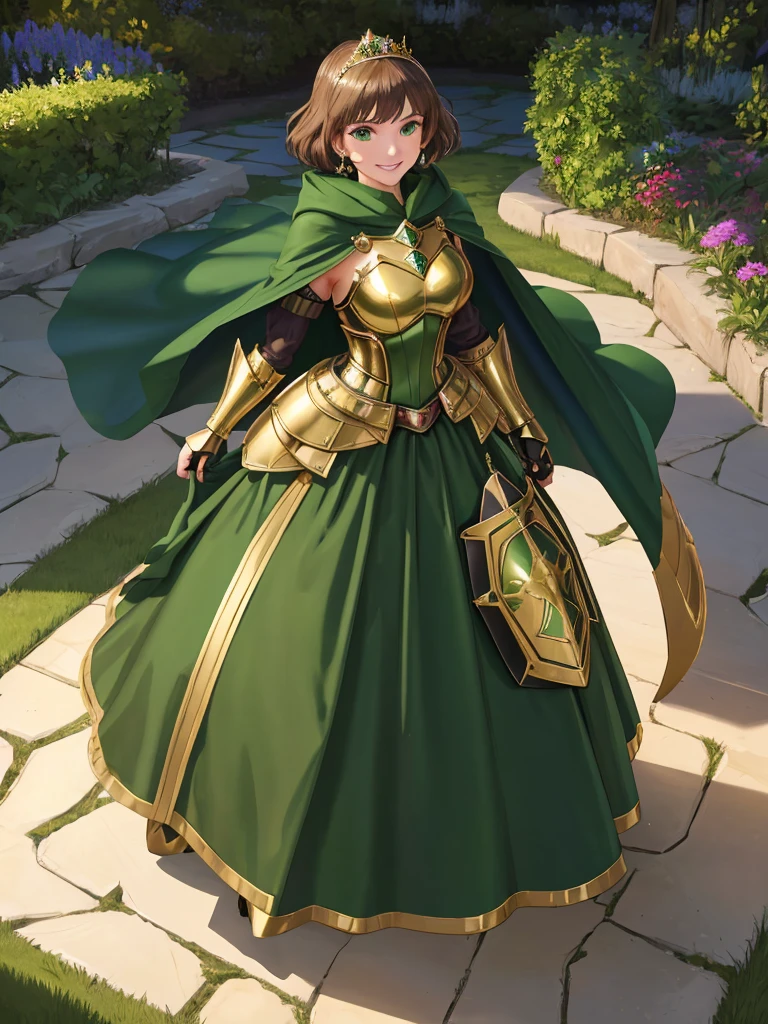masterpiece, best quality:1.2), 1girl, smile, looking at viewer, green eyes, short brown hair, princess, armor, , pauldrons, armored dress, green cloak cape, wearing puffy blue ballgown skirt, golden tiara with green gem, armored boots, fingerless gloves, standing in medieval garden