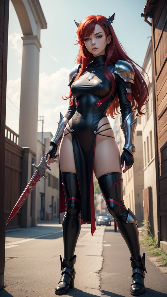 masterpiece, perfect propotions, best quality, high resolution, full body, red hair, cyber metal armor