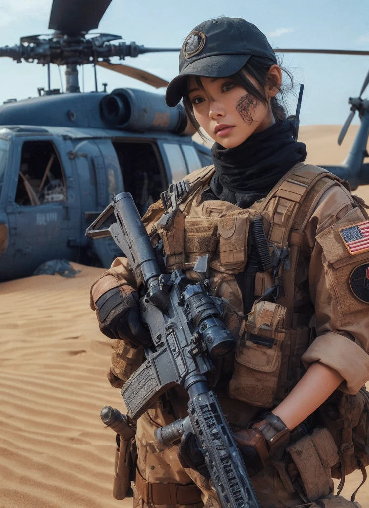 8K,Realistic Photo、Realistic Skin Texture、Superrealism、Japanese women serving in the U.S. military、Standing on a desert dune、Accurate equipment depiction、cap、They found the wrecked helicopter half buried in the sand.、Scattered debris