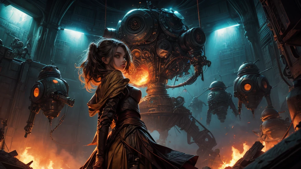 cute big eyes translucent green mushroom droids and a beautyfull girl,virus fight the droids,by Daniel Merriam, Nikolina Petolas, Peter Gric, Dariusz Klimcza full colors, hair backlighting, back lighting, volumetric lighting, 8K, perfect eyes, perfect pupils, expressive eyes, hands by Albrecht Durer, smoke, particle fx, mist, fog, fire, explosions, debris,