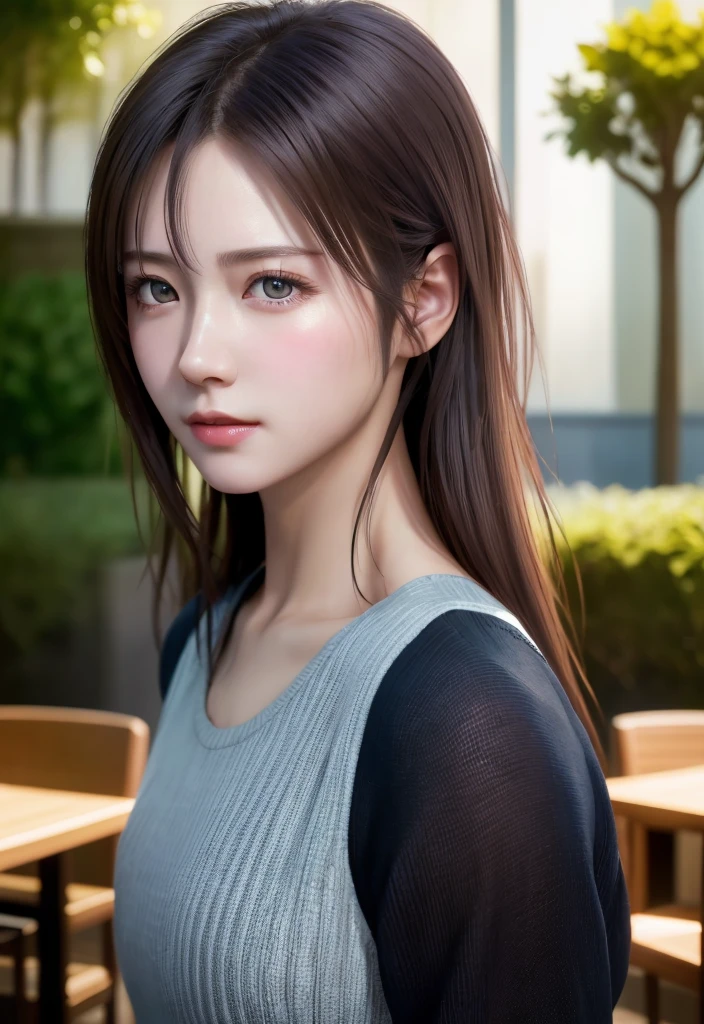 8K, highest quality, table top:1.2), (realistic, Virtual image:1.37), highest quality, table top, beautiful young woman, ashamed look, Tie your hair back., Kamimei、Busy mood, movie background, tired, Bright skin color