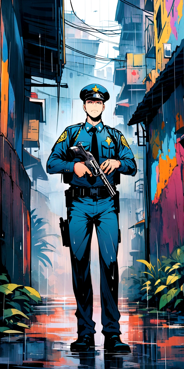 Police officer in the favela holding a pistol in the rain