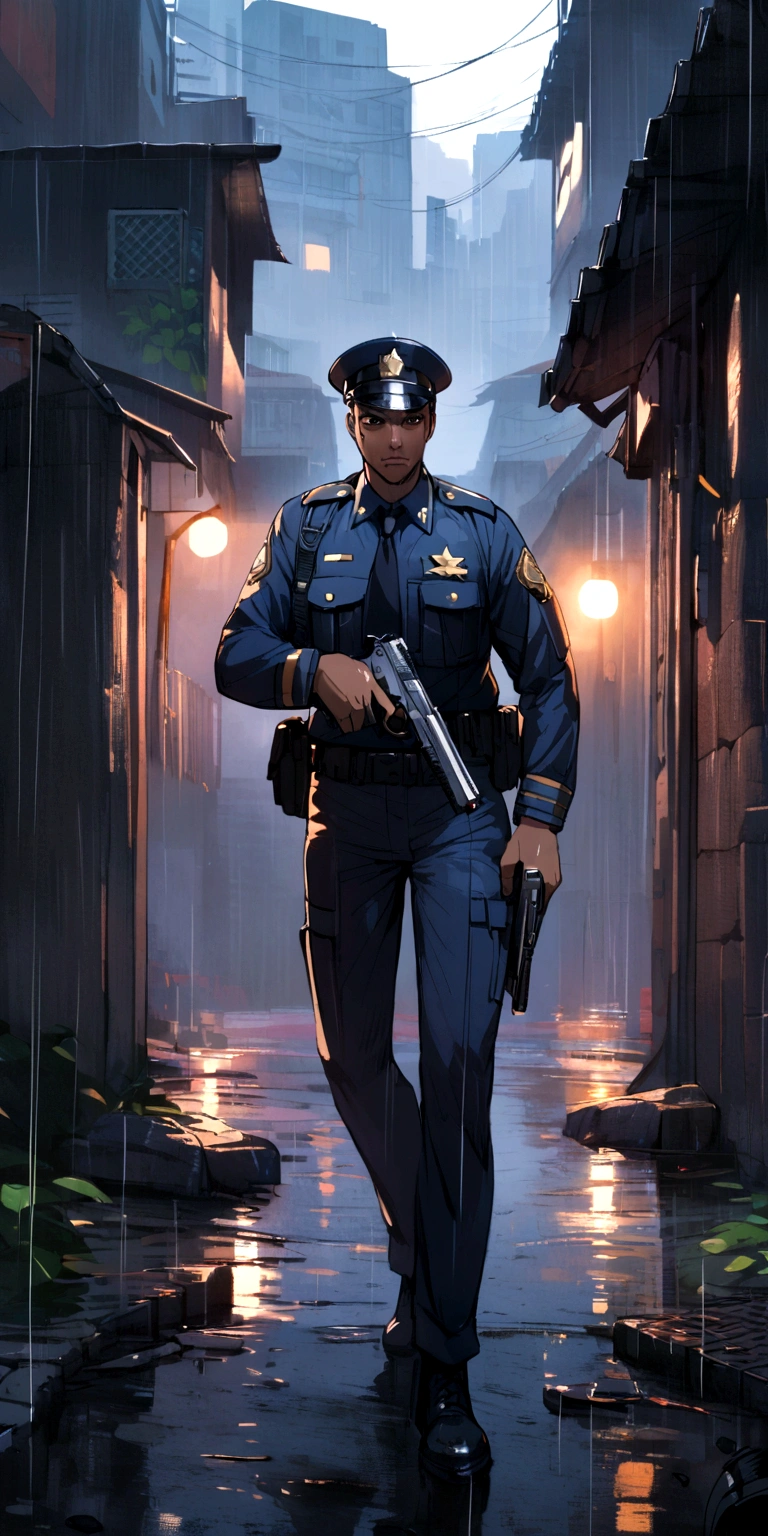 Police officer in the favela holding a pistol in the rain