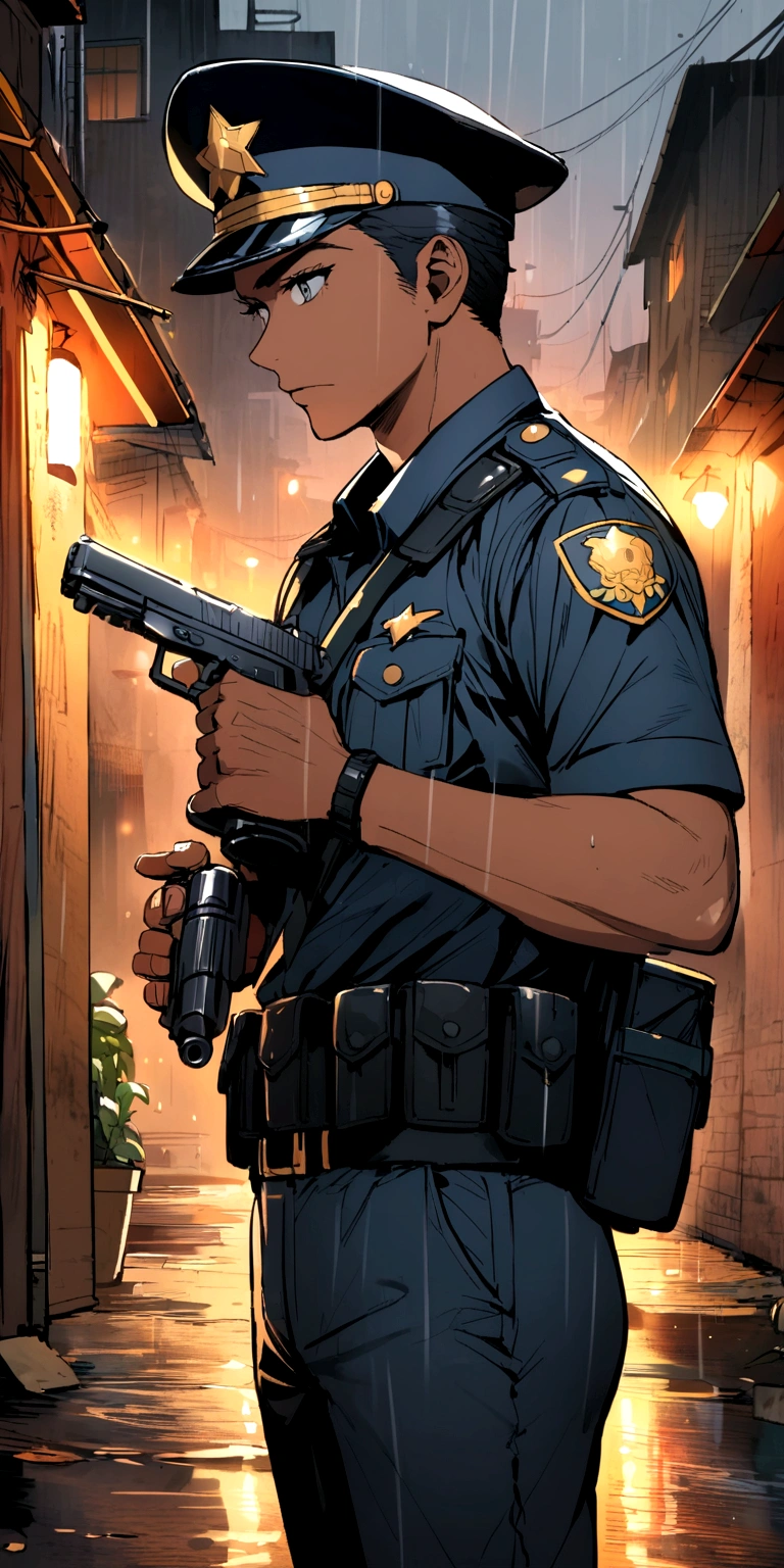 Police officer in the favela holding a pistol in the rain