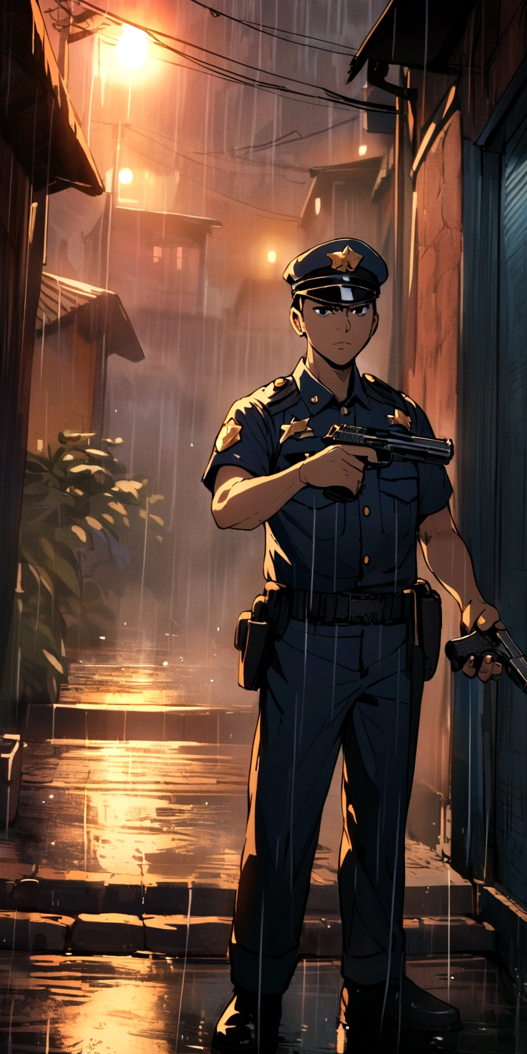Police officer in the favela holding a pistol in the rain
