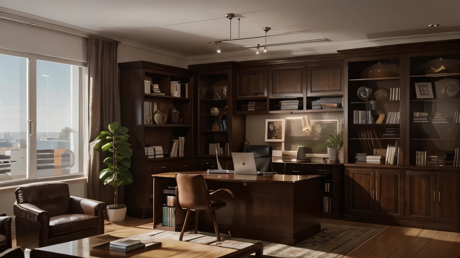 office with a bookshelf with many digital and physical products for affiliate sales [Highly detailed, photorealistic, 8K resolution, cinematic lighting, masterful composition] [in an office environment with a shelf of affiliate digital marketplace products] with 2 chair chair