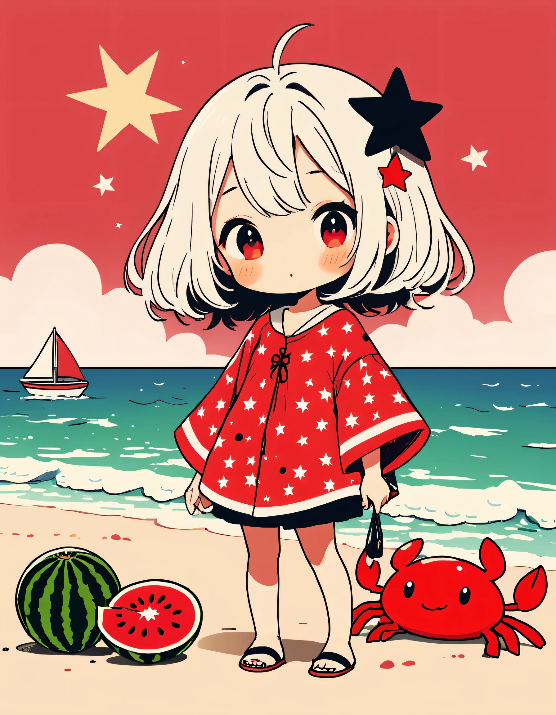 Black Star Red and White style, Simple Line Initialism,Abstract art,Kawaii Design, The most beautiful girl of all time、chibi, The background is a midsummer beach、playing, crab, watermelon