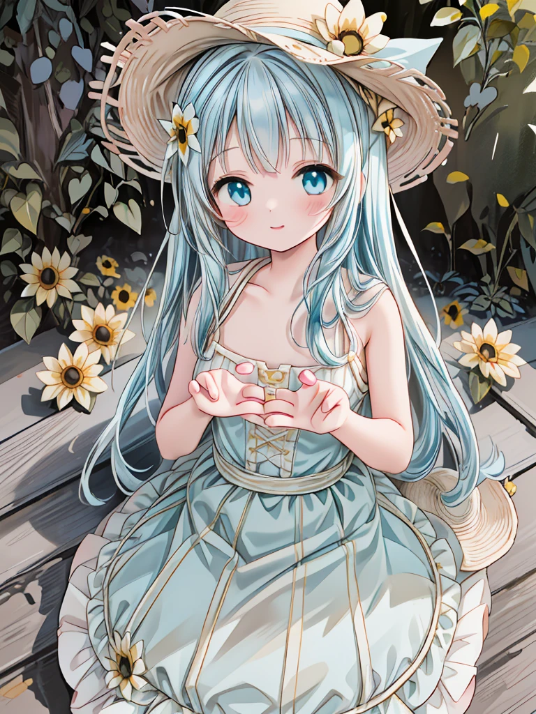 masterpiece, best quality, extremely detailed, (illustration, official art:1.1), 1 girl ,(((( light blue long hair)))), ,(((( light blue long hair)))),light blue hair, , long hair ((blush)) , cute face, big eyes, masterpiece, best quality,(((((a very delicate and beautiful girl))))),Amazing,beautiful detailed eyes,blunt bangs((((little delicate girl)))),tareme(true beautiful:1.2), sense of depth,dynamic angle,,,, affectionate smile, (true beautiful:1.2),,(tiny 1girl model:1.2),)(flat chest), (((1 girl)),1girl, (full body), early teens, A field of sunflowers spreading all over、 (straw hat white one piece dress, background is sunflower field),floating dress, in the sun, A faint smile,Looking at the audience, wind, Dynamic, Strong light and shadow,Dynamic pose,,((( got his hands outstretched, )))Petals are dancing in the wind,sunflower_background,(((Illustration))), ,Opaque clothing
