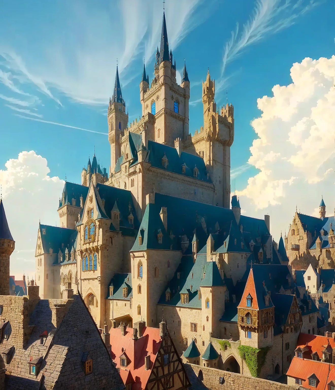 Huge grand fantasy medieval hospitality in a fantasy medieval town,colourful,Fantasy,Super quality,