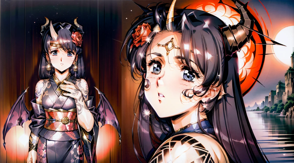 (Realistic:1.3), masterpiece, Highest quality, (Intricate details:1.2), (scenery:1.3), Beautiful Face, (Black Theme:1.3), 
(((One girl, A girl wearing a patterned kimono and holding a dagger in her hand, (View Viewer:1.3), (Face Tattoos:1.2), Small demon horn, 
))), whole body, Divide in half