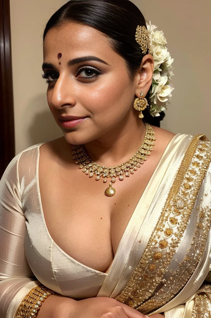 An image of Vidya Balan, wearing a white sari and a beautiful gold necklace, captures her confidence and beauty as she poses with elegance, while the large canal between her two breasts remains bashfully covered by the liquid glossy satin.
Sultry Curvy size MILF exhibitionist amorous lady with small breasts