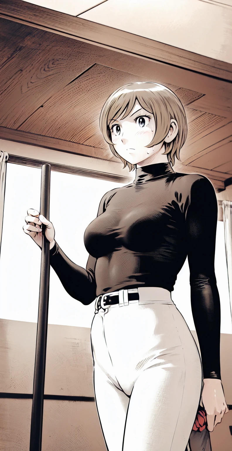 (野球uniform:1.2),
Blonde Hair, (short hair:1.2),Long sleeve, Black Shirt, turtleneck,White trousers、uniform、Black belt、((Illustration of people))、Big 、
View Audience,, (Highest quality:1.3),One Girl, White pants、uniform、indoor、baseball 、White wall、blue eyes、Tight black shirt、(masterpiece、Highest quality)、Highest quality, Ultra-high resolution, (((masterpiece))), alone, Sweat、Big eyes、Big Breasts、One Girl, Front view、Embarrassed face、Bronze colored hair、((short hair))、Stand up straight、Cowboy Shot