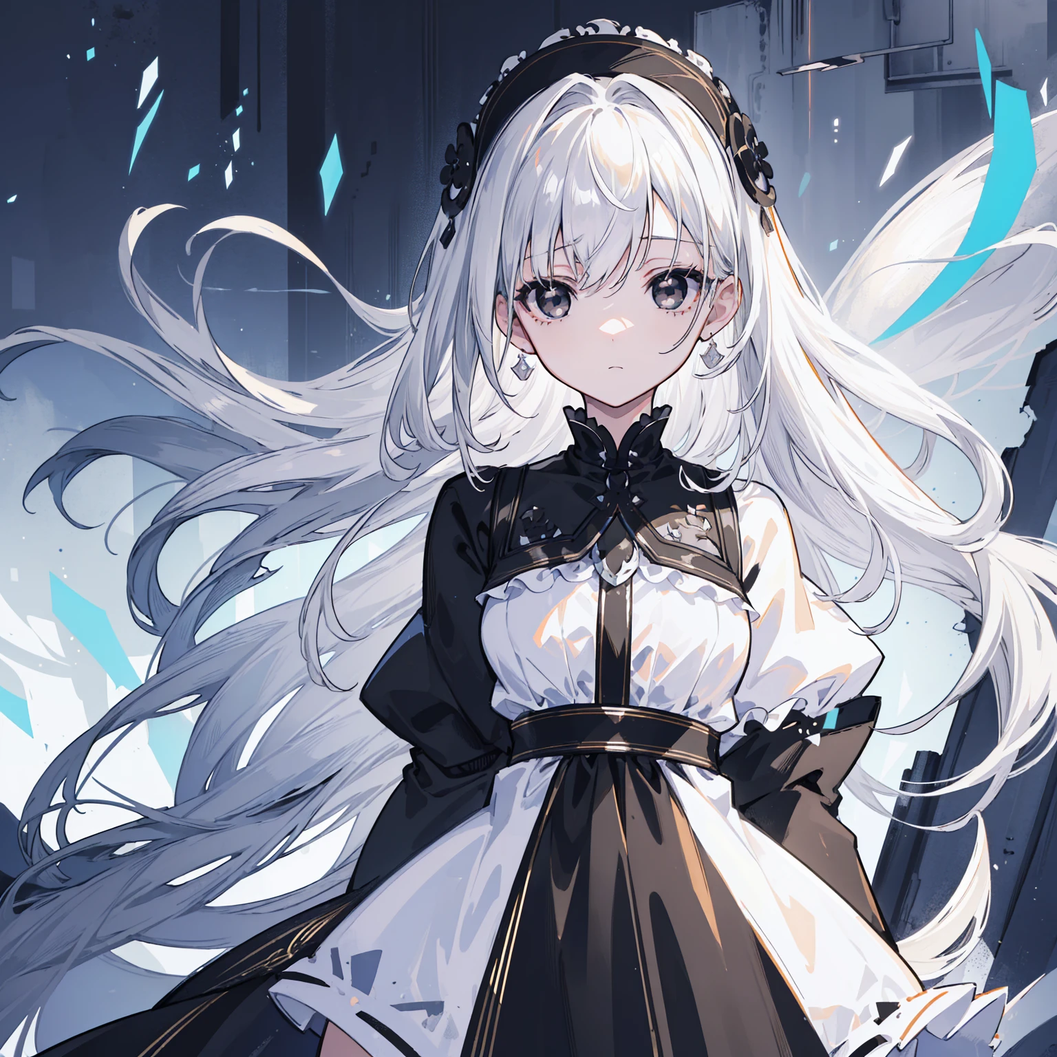 (Top image quality)、(Ultra Detailed)、(Facing forward)、top quality、masterpiece、((((1 girl))))、Silver Hair、white hair、((Long hair))、(black eyes:1.6)