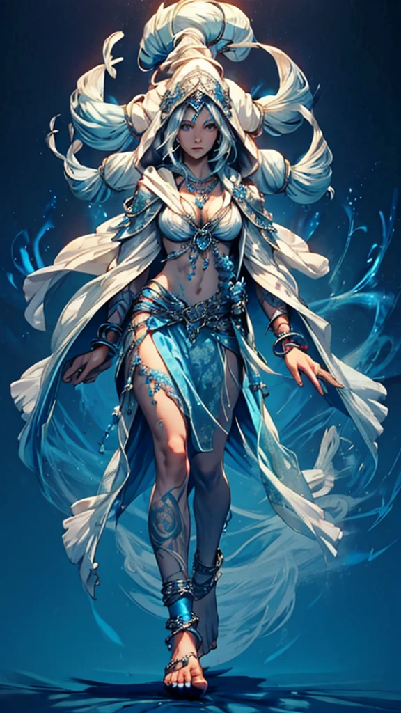 Beautiful girl with long gray hair and blue skin，headgear，Bracelet，anklet，Female ghost，six arms，White top，cleavage，Bare waist，Tattoo，Hood cloth，Bare Legs，barefoot，Standing，blue flame