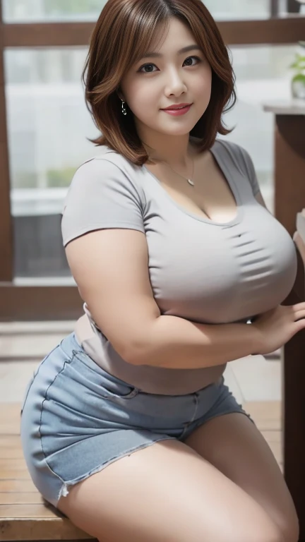 (8K, best quality, masterpiece, Golden Ratio Composition,:1.3), (40-year-old plump Japanese woman), (90 kg obese body), (Legs close-up), (Thick thighs), (Snow-white long legs), (Wearing a gray T-shirt:1.2), (Huge breasts), (Big thick legs), (jeans), Soft face line, Gentle and beautiful, (Silver short hair),