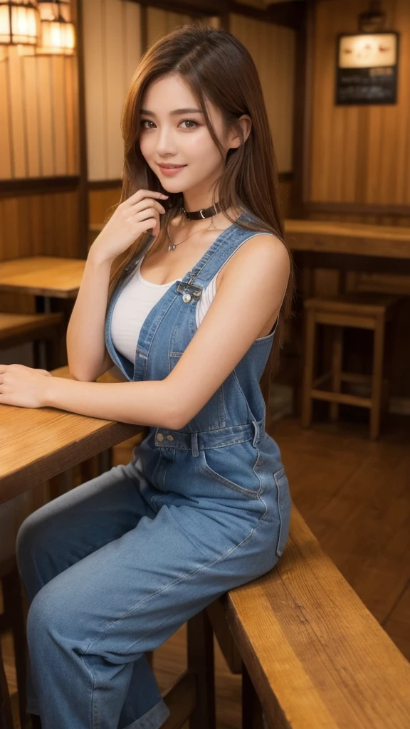solo Detailed and realistic portrait of a beautiful young Asian woman。She has long light brown hair and big light brown eyes. ((medium breast, tomboy girls, small head)), daylight,, (chiseled abs : 1.1), (perfect body : 1.1), auburn hair, collar, chain, full body shot, , Top quality, 1 beautiful woman, long Hair, brown hair, A beautiful woman sits in front of a wooden table in a yakitori restaurant。She is wearing a denim jumpsuit、Hold your beer high towards me、Taking a toasting pose。A shot from the front、Her smile brightens up the atmosphere。The faint smell of yakitori smoke drifts through the air.、A moment in a warm and comfortable atmosphere。