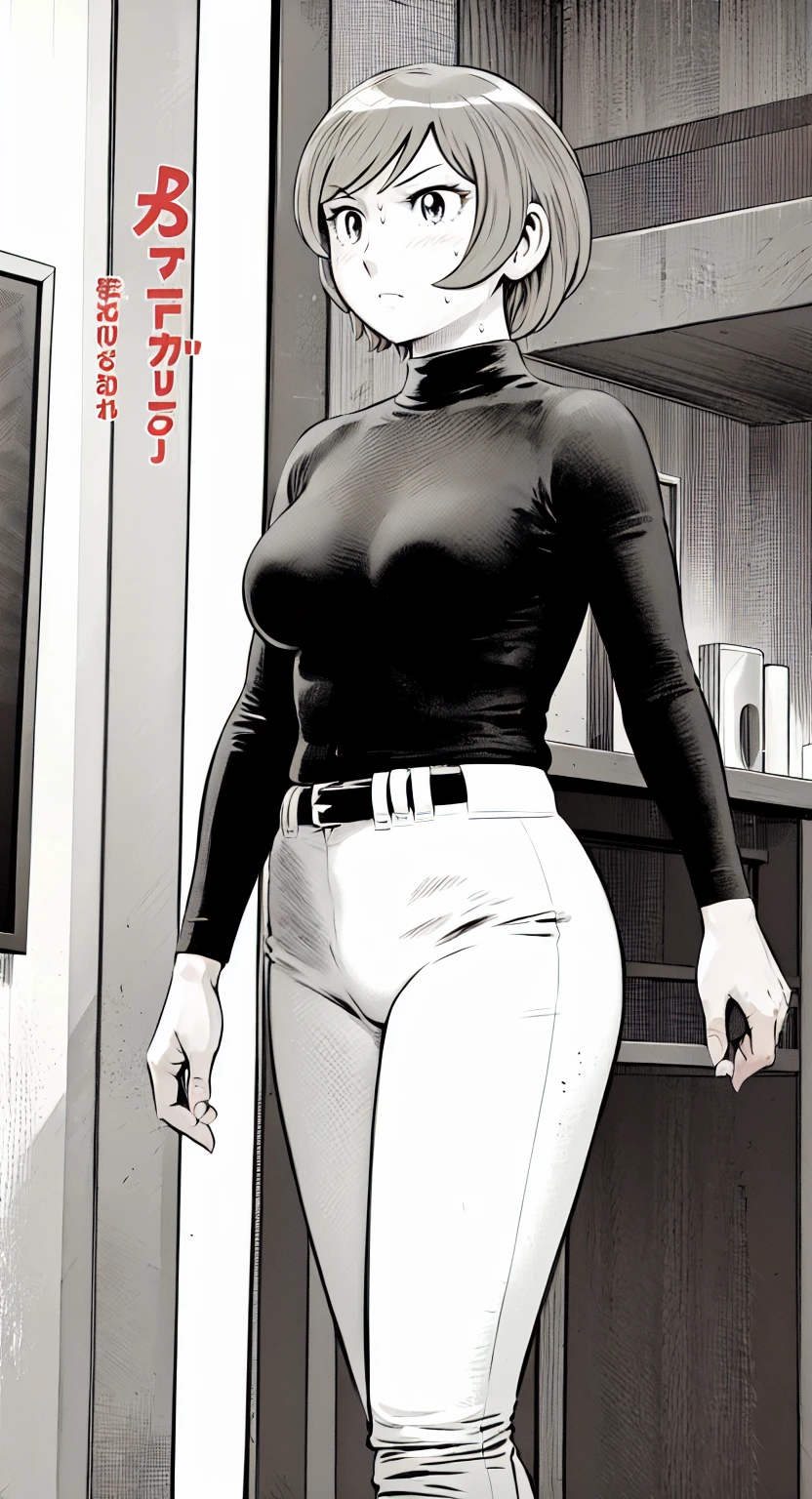 (野球uniform:1.2),
Blonde Hair, (short hair:1.2),Long sleeve, Black Shirt, turtleneck,White trousers、uniform、Black belt、((Illustration of people))、Big 、
View Audience,, (Highest quality:1.3),One Girl, White pants、uniform、indoor、baseball 、White wall、blue eyes、Tight black shirt、(masterpiece、Highest quality)、Highest quality, Ultra-high resolution, (((masterpiece))), alone, Sweat、Big eyes、Big Breasts、One Girl, Front view、Embarrassed face、Bronze colored hair、((short hair))、Stand up straight、Cowboy Shot