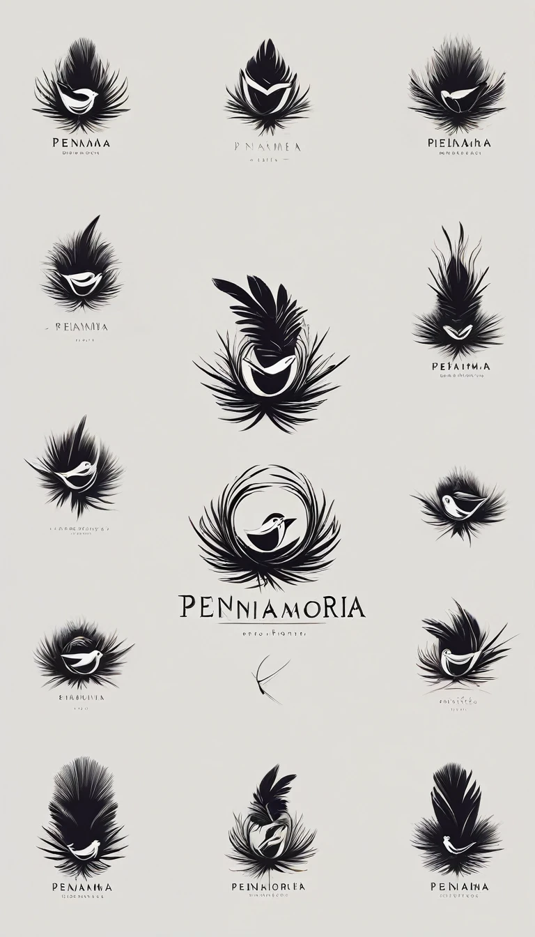 A minimal, modern, simple, cinematic logo design for the brand “Penamemoria". Create a modern, minimalistic, high-quality, logo of a boy inside a nest made of feathers. The logo must be a symbol for dreams, stories, memories, music and imagination.