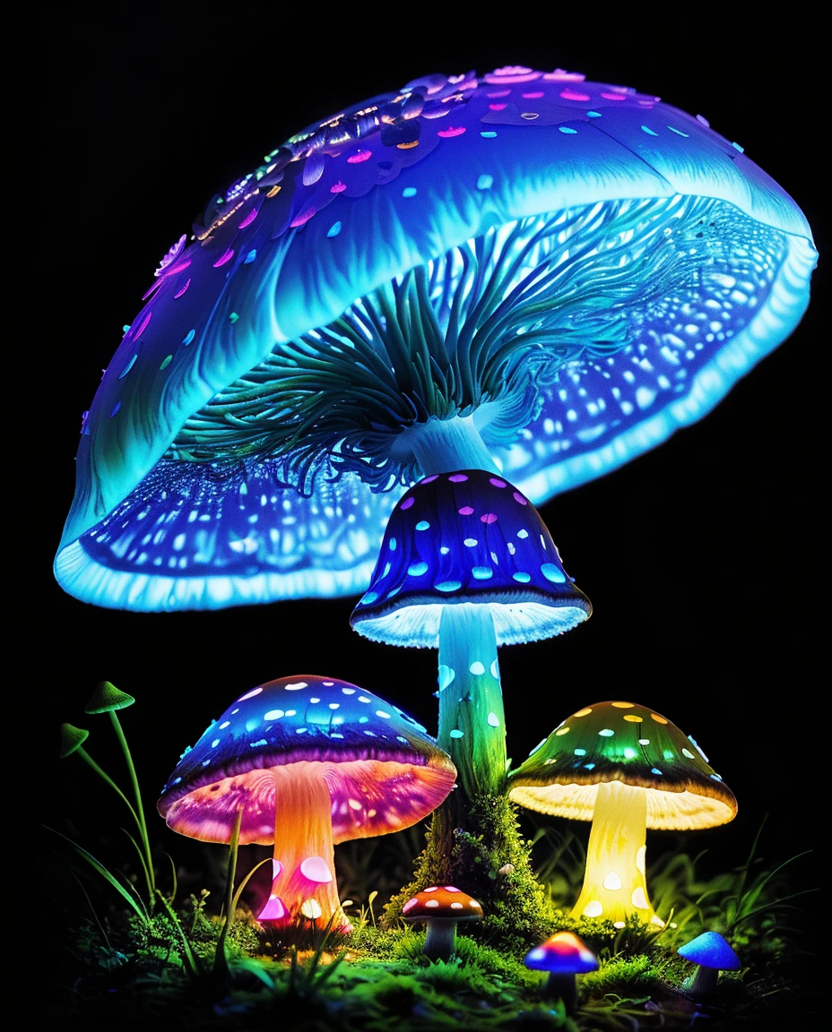(absurderes, high resolution, ultra detaild), (work of art),Bioluminescent Mushroom, 2 tomates,A LYING ON THE MUSHROOM